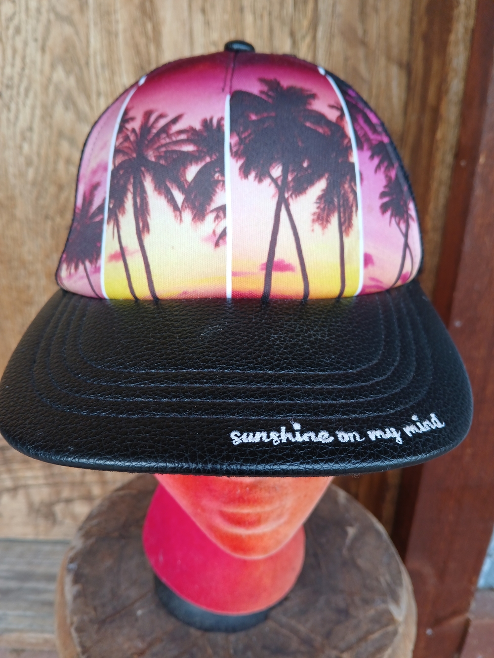 Sunshine On My Mind Sunset Palm Trucker Hat Pink Yellow with Black Brim